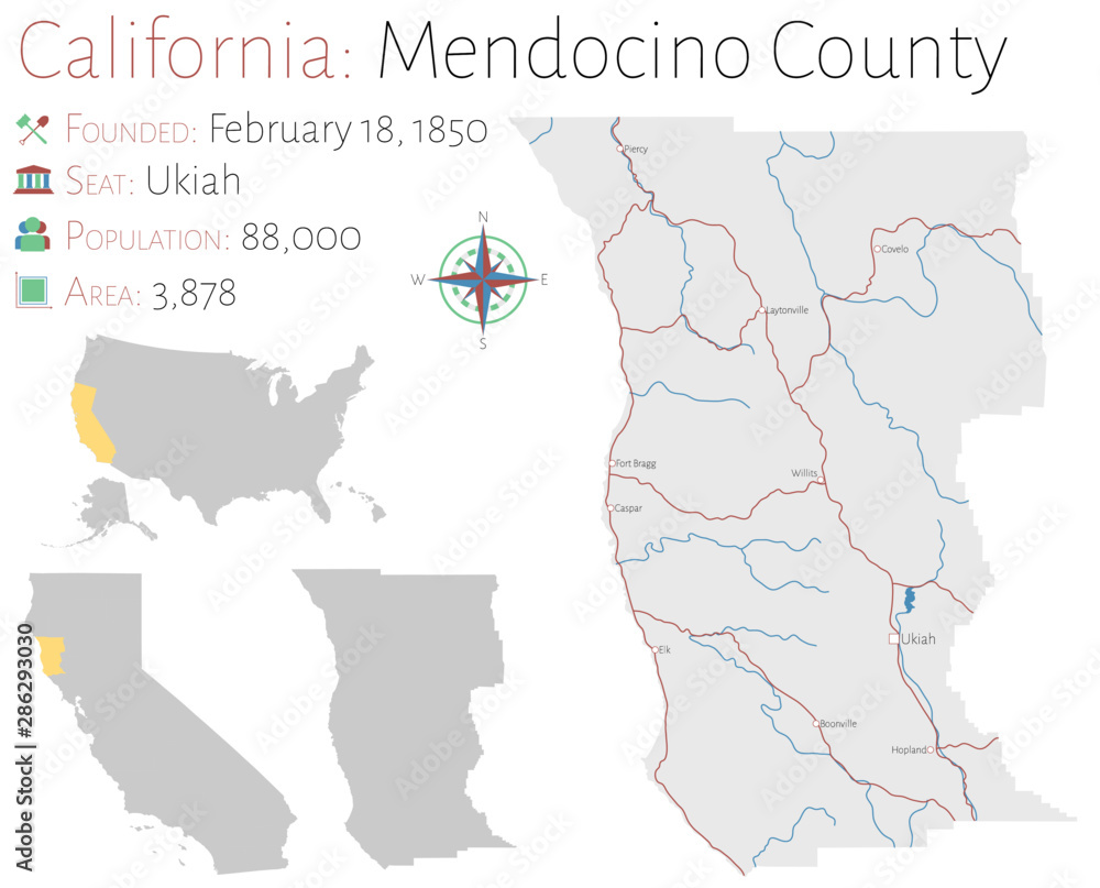 large and detailed map of mendocino county in california, usa Coloso