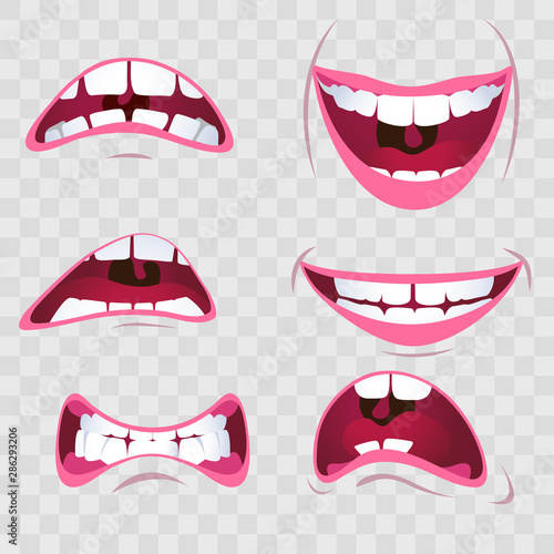 Cartoon mouth with emotions - joy and sadness, resentment and shock, joy and cry, on a transparent