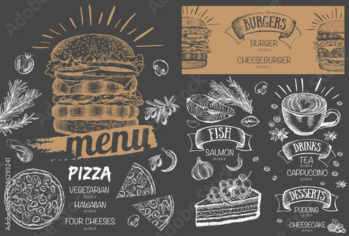 Restaurant food menu design, hand drawn illustrations.