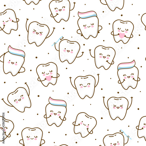 Seamless pattern with cute teeth isolated on white background - for kid dental design