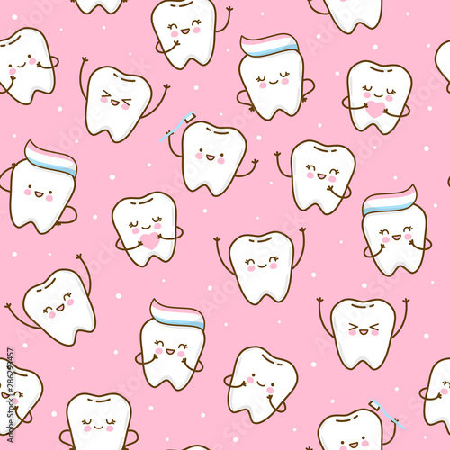 Seamless pattern with cute teeth on pink background - for kid dental design