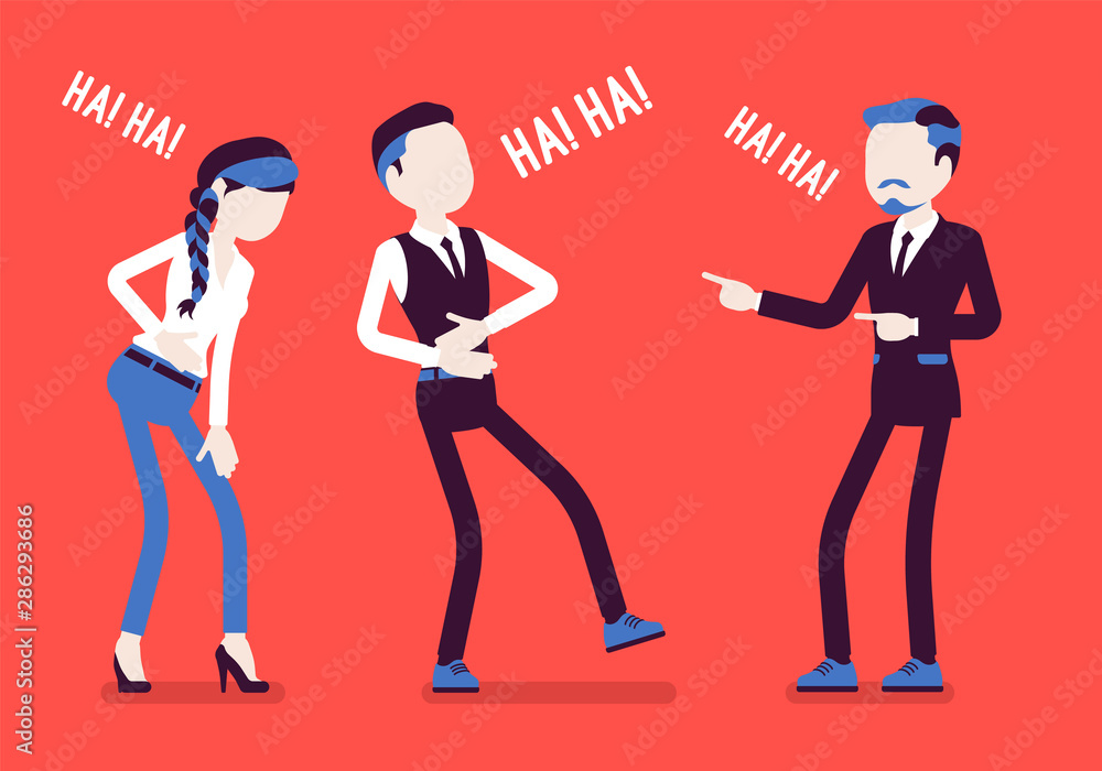 Business people joking, laughing. Businessmen and businesswoman being in a good mood, enjoy funny office story or trick, employee humour for amusement at work. Vector illustration, faceless characters