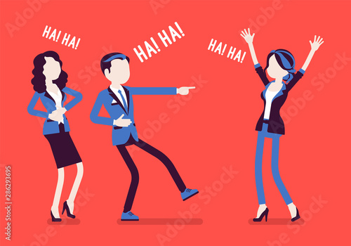 Business people joking, laughing. Businessman and businesswomen being in a good mood, enjoy funny office story or trick, employee humour for amusement at work. Vector illustration, faceless characters