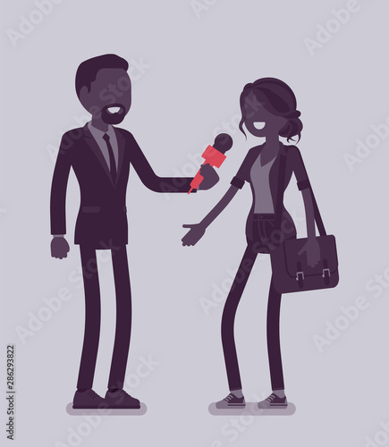 Male tv reporter interviewing questions. Man holding an interview with woman, professional journalist in conversation for radio, newspaper, asking for opinion. Vector illustration, faceless characters