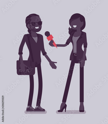 Female tv reporter interviewing questions. Woman holding an interview with man, professional journalist in conversation for radio, newspaper, asking opinion. Vector illustration, faceless characters