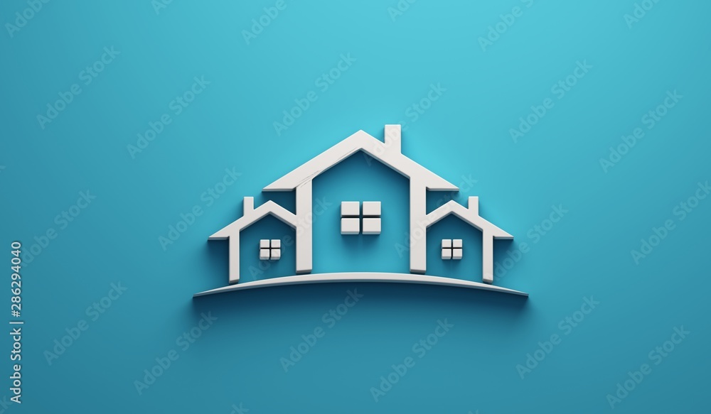 Real Estate Houses Logo Design in blue background . 3D Rendering Illustration Real Estate Houses Logo Design in blue background . 3D Rendering Illustration