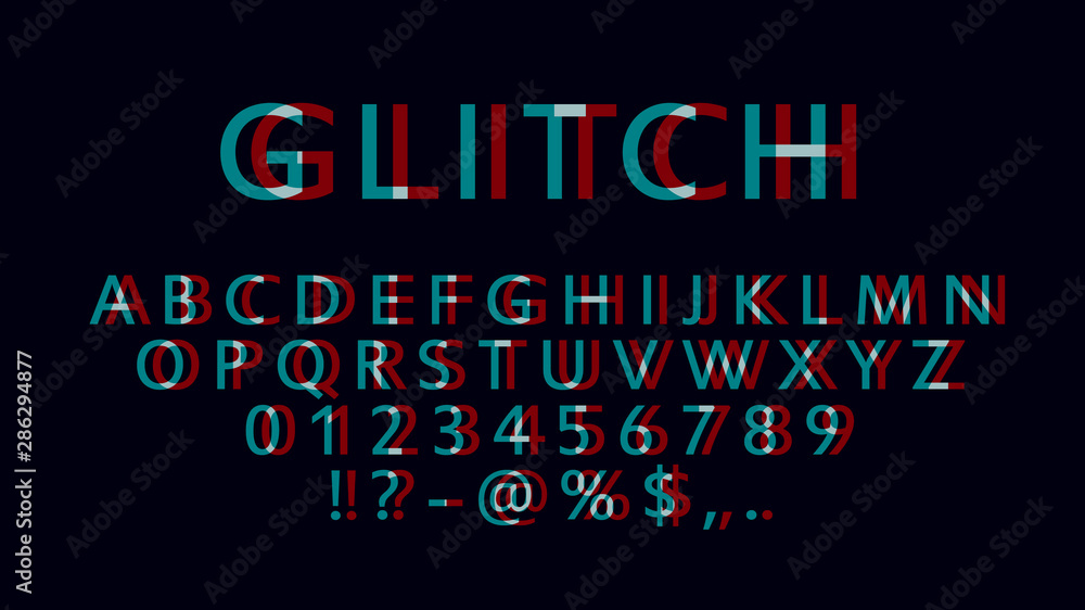 English letters, numbers and symbols with glitch effect. Font witn distortion effect. Red and blue channels.