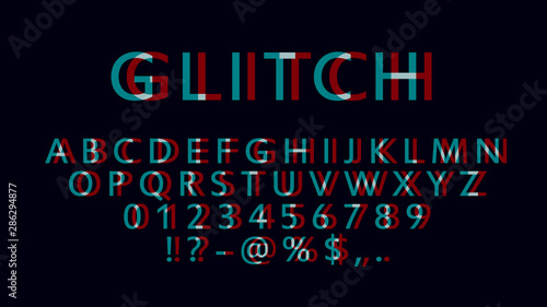 Obraz na płótnie English letters, numbers and symbols with glitch effect. Font witn distortion effect. Red and blue channels. w salonie
