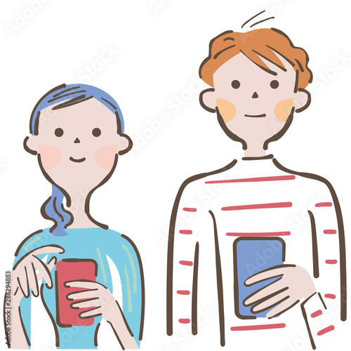 スマホを持ち笑顔で会話するカップル　イラスト