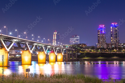 cheongdam bridge or cheongdamdaegyo is han river  at night in Seoul, South Korea. photo