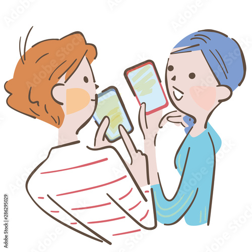 スマホを持ち笑顔で会話するカップル　イラスト