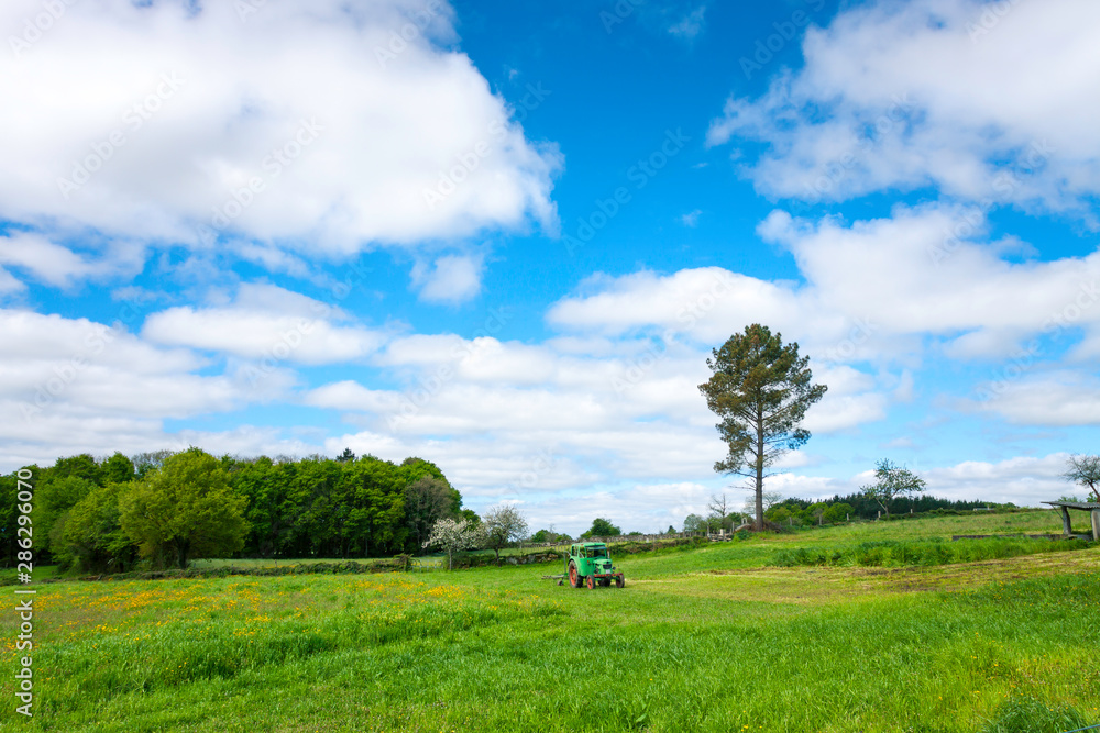 COUNTRYSIDE LANDSCAPE WITH TRACTOR ON GREEN GRASS AND TREE ON GREEN GRASS AND TREE ON BLUE SKY WITH CLOUDS IN THE NORTH OF SPAIN
