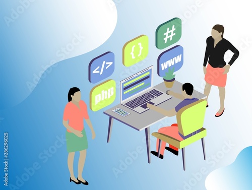 Isometric stale. Web dewelopment. Office concept business people vector illustration flat design. Digital technology concept. People character vector illustration flat design.