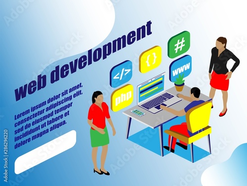 Isometric stale. Web dewelopment. Office concept business people vector illustration flat design. Digital technology concept. People character vector illustration flat design.