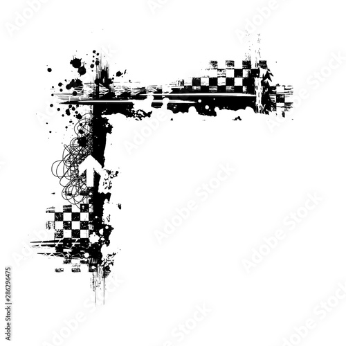 Black grunge square frame corner with race elements isolated on white background
