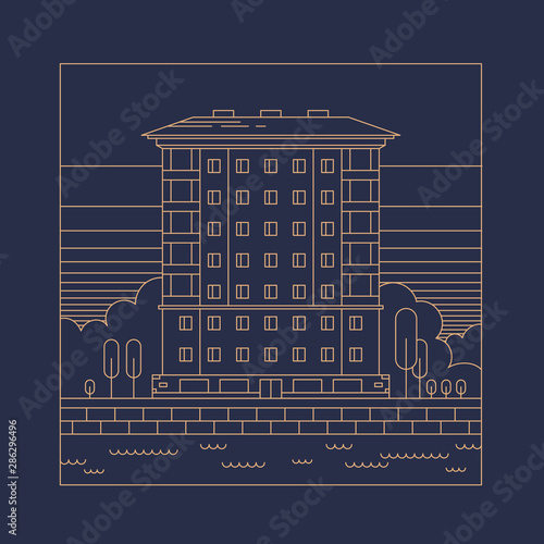 Linear illustration of a house on dark background. Vector graphics.