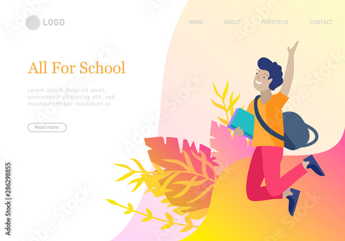 Landing page template with Happy school children joyfully jumping and laughing. Concept of happiness, gladness and fun. Vector illustration for banner