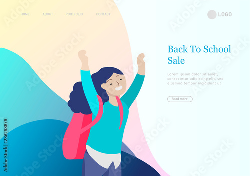 Landing page template with Happy school children joyfully jumping and laughing. Concept of happiness, gladness and fun. Vector illustration for banner