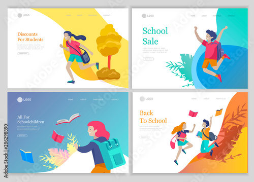 Landing page template with Happy school children joyfully jumping and laughing. Concept of happiness, gladness and fun. Vector illustration for banner