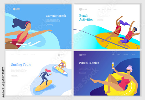 People family and children in sea, pool or ocean performing activities. Men or women swimming in swimwear, diving, surfing, lying on floating air mattress, playing ball. Cartoon vector