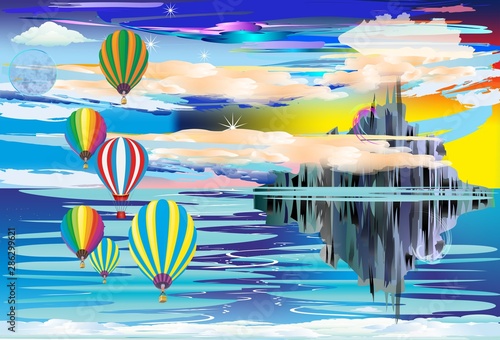  fantastic composition with a lonely rock sticking out of the sea next to which balloons fly