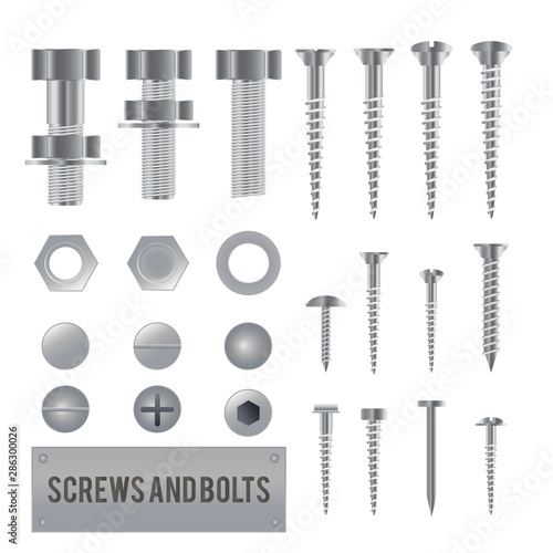 Set of 3d realistic metal screws, stainless steel bolts, nuts, rivets and nails isolated on white background. 