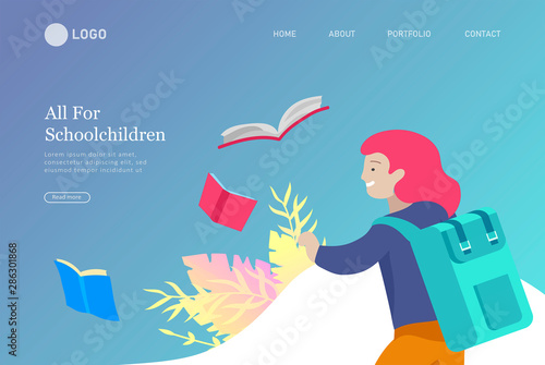 Landing page template with Happy school children joyfully jumping and laughing. Concept of happiness, gladness and fun. Vector illustration for banner
