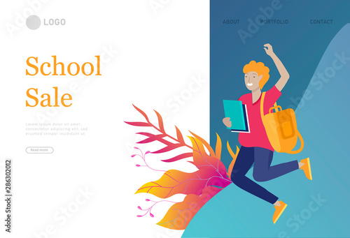 Landing page template with Happy school children joyfully jumping and laughing. Concept of happiness, gladness and fun. Vector illustration for banner