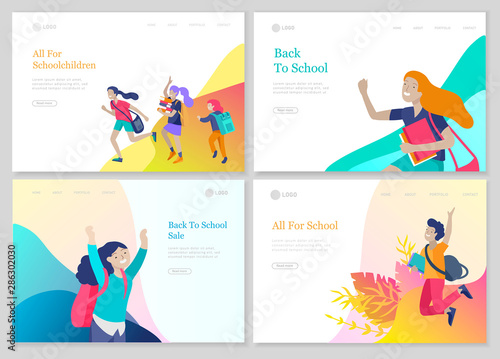 Landing page template with Happy school children joyfully jumping and laughing. Concept of happiness, gladness and fun. Vector illustration for banner