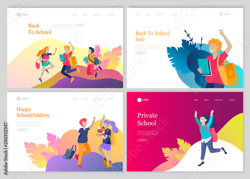 Landing page template with Happy school children joyfully jumping and laughing. Concept of happiness, gladness and fun. Vector illustration for banner