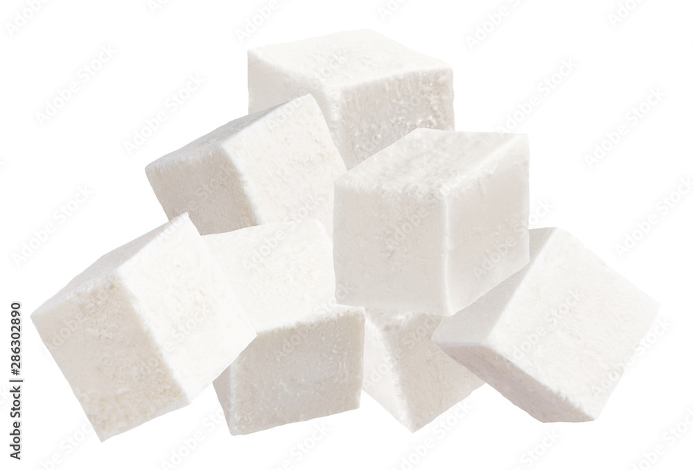 Heap of diced soft cheese isolated on white background. Feta Heap of diced soft cheese isolated on white background. Feta