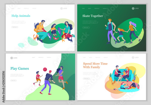 Collection of family hobby and activities. Mother, father and children play with cats, collect garbage for recycling, clinning home, relaxing with with gadgets at home. Cartoon vector
