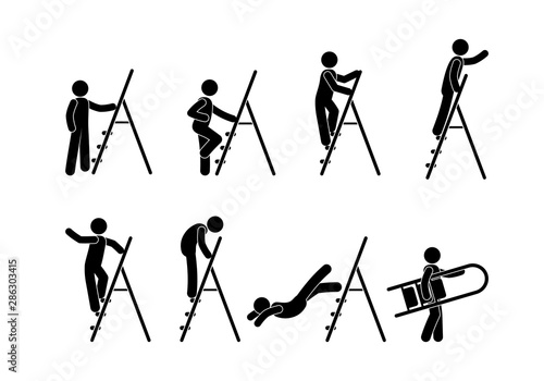 man with stepladder icons, isolated pictograms of people, stick figure human silhouette, set of illustrations of man on stairs