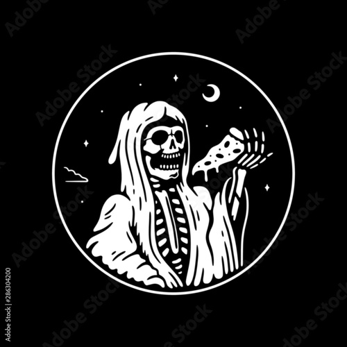 GRIM REAPER WITH PIZZA SLICE WHITE BLACK BACKGROUND