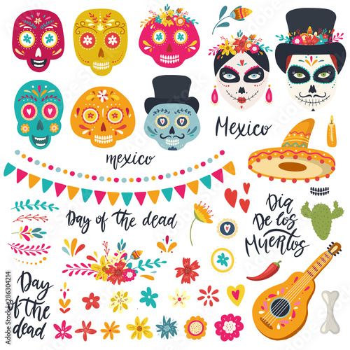 Set of elements for Day of the Dead, Dia de los Muertos