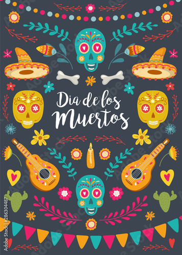Dia de Los Muertos, Mexican Day of the Dead. Greeting card with hand drawn lettering