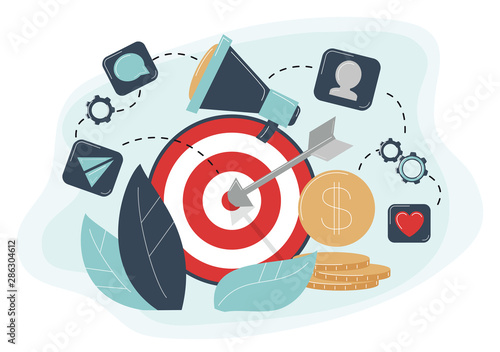 Behavioral targeting concept Arrow hit target, megaphone. Audience on customer behavior: likes, comments, reposts, subscription