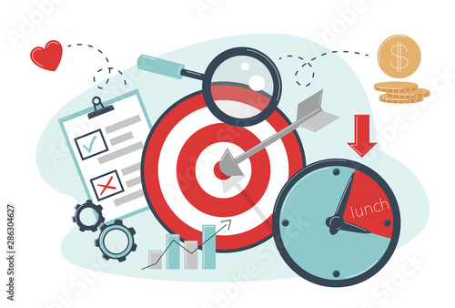 Time targeting concept. The arrow hit the target. Advertising settings for the target audience at certain times of the day.