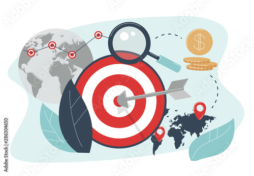 The concept of geographical targeting. Arrow hit target. Advertising settings for the target audience by location.