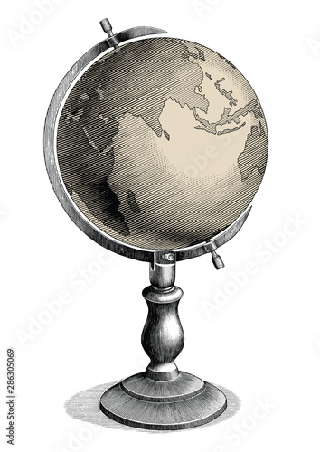 Antique celestial globe hand drawing vintage style black and white clip art isolated on white background,Celestial globe for education