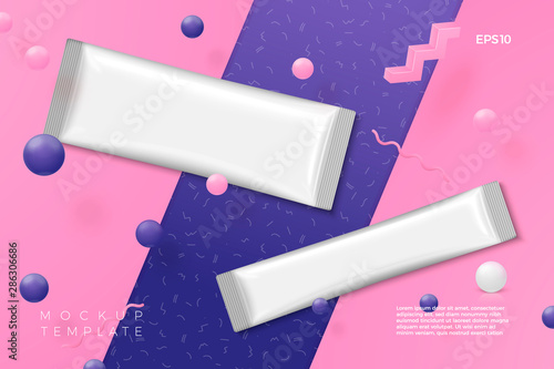 Vector 3d realistic abstract scene with plastic stick packs, violet, pink and white balls and objects.