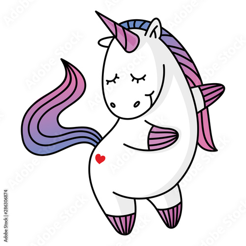 cute unicorn character who is dancing. Print for baby clothes. Vector illustration
