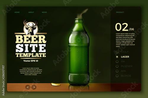Vector realistic 3d green beer bottle on bright modern site template with typographic background. Mock-up for product package branding.