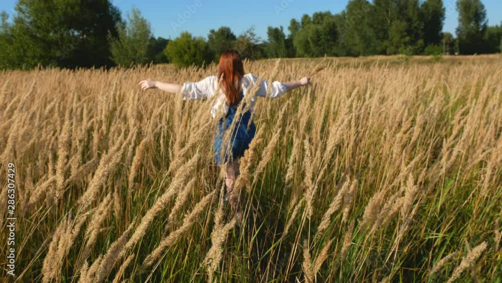 red-haired girl in blue overalls in a field of spikelets red-haired girl in blue overalls in a field of spikelets