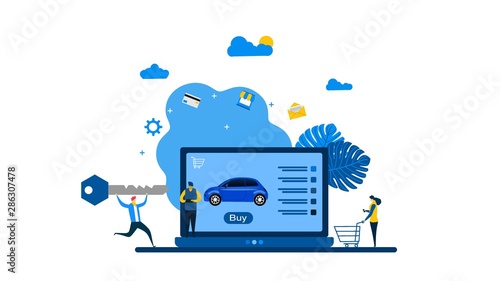 Website or landing page of Online car online with Tiny People Character Concept Vector Illustration, Suitable For Wallpaper, Background, Card, banner,Book Illustration, Web Landing Page