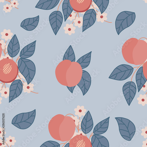 peach fruits and flowers in a seamless pattern design