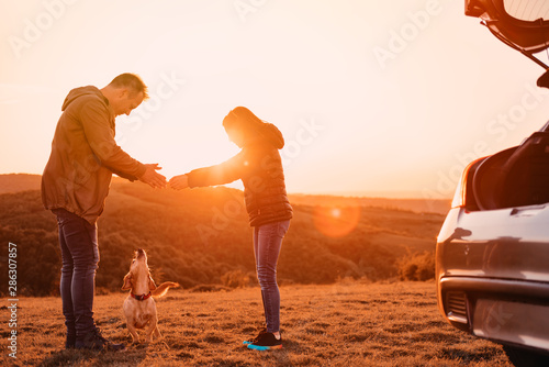 Father and daughter paying with dog at camping on the hill