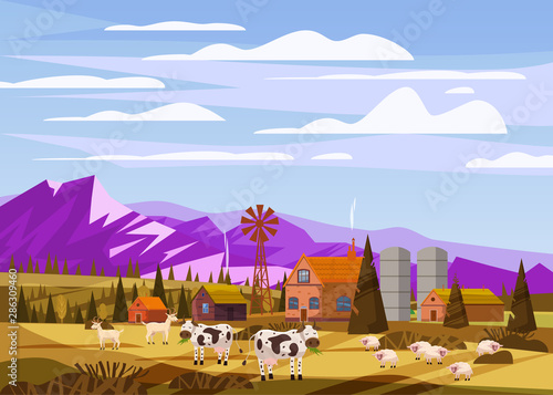 Rural farm landscape with green fields hills and farm village buildings animals cows sheeps