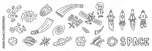 Informational flyer hand drawn set space objects. 