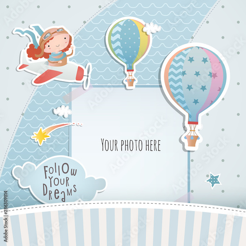 Baby shower design. Greeting card with baby girl pilot. Digital scrapbooking.